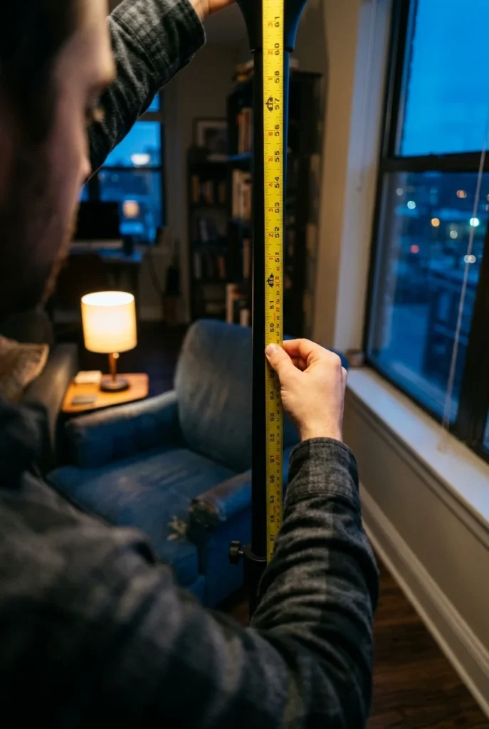 Measuring tape held against a floor lamp to check shade height for living room lighting.