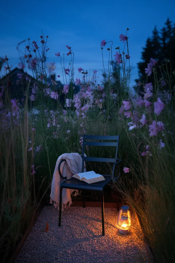 Metal bistro chair with a linen throw tucked into a wildflower meadow corner, lit by a warm solar lantern at dusk.