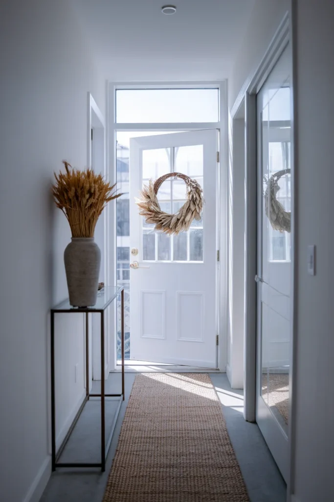 Narrow apartment entryway with jute runner, dried wheat vase and autumn wreath on the door.