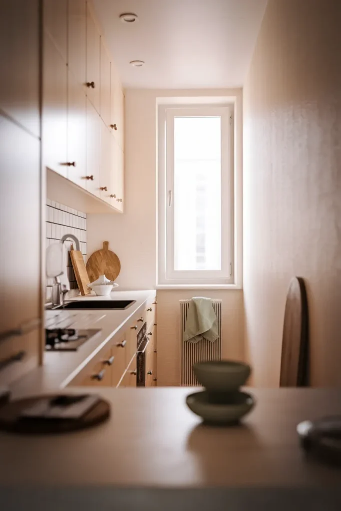 Narrow apartment galley kitchen in morning light showing small kitchen storage ideas along one wall.