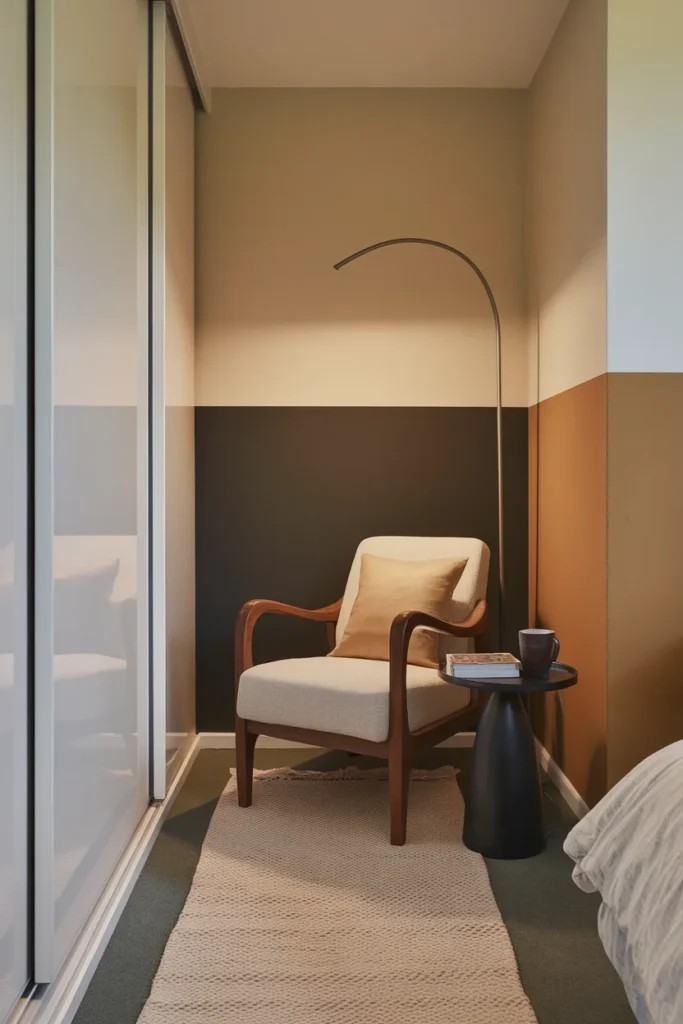 Narrow bedroom reading corner with bentwood armchair, round side table, and arcing floor lamp.
