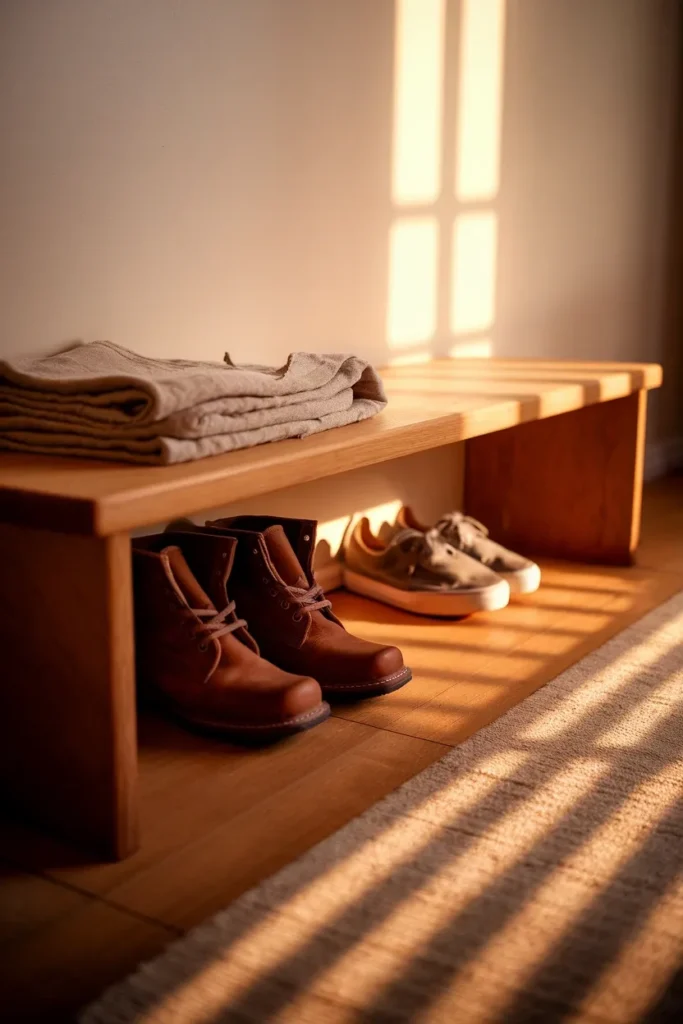 Narrow entryway bench with boots tucked underneath and a linen throw, lit by golden hour sun.