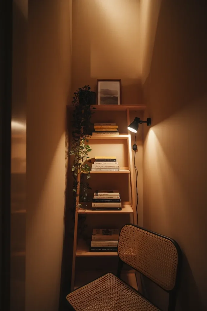 Narrow ladder shelf and rattan chair in a small living room corner lit by a clip-on reading light.