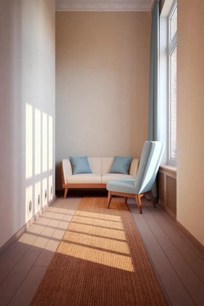 Narrow living room layout split into two zones with a jute runner leading to angled seating.