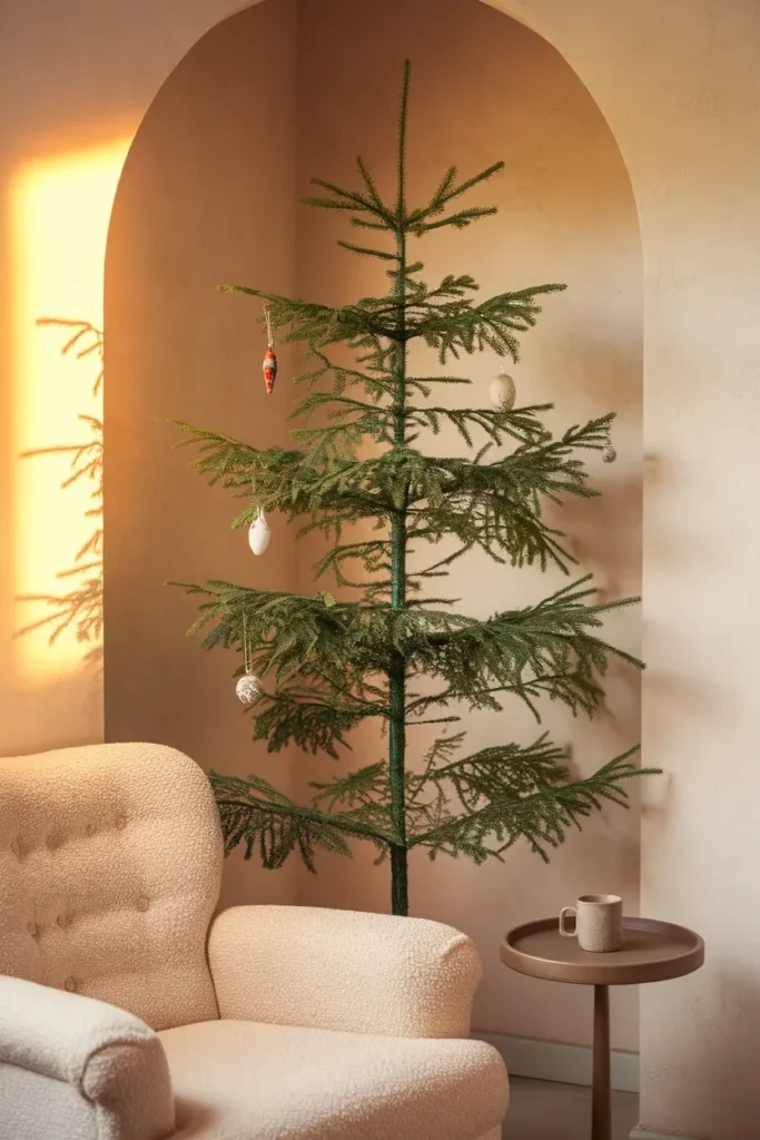 Narrow pencil Christmas tree in an apartment corner beside a cream boucle armchair in golden hour light.