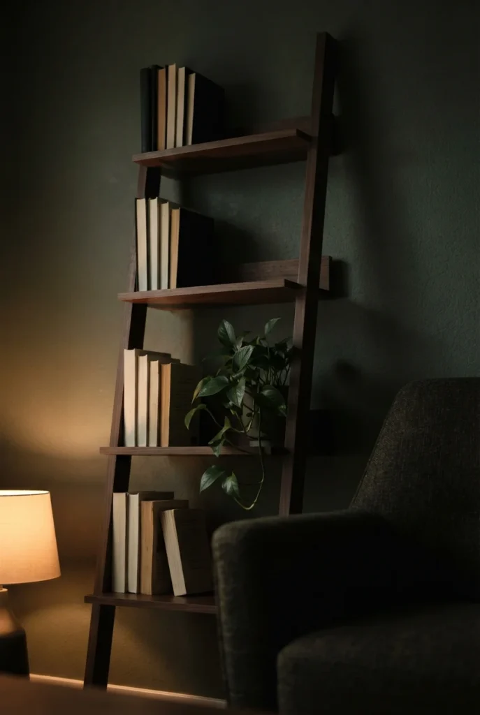 Narrow walnut ladder shelf holding a few books and a pothos beside a reading chair at night.