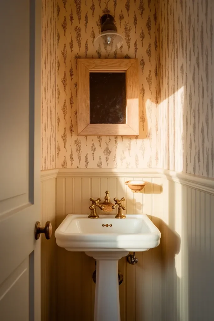 Narrow white pedestal sink with brass faucet in a papered cottage powder room.