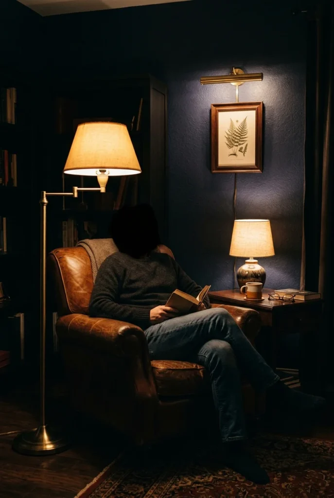 Night corner lit by a brass swing arm lamp, ceramic table lamp, and small picture light.