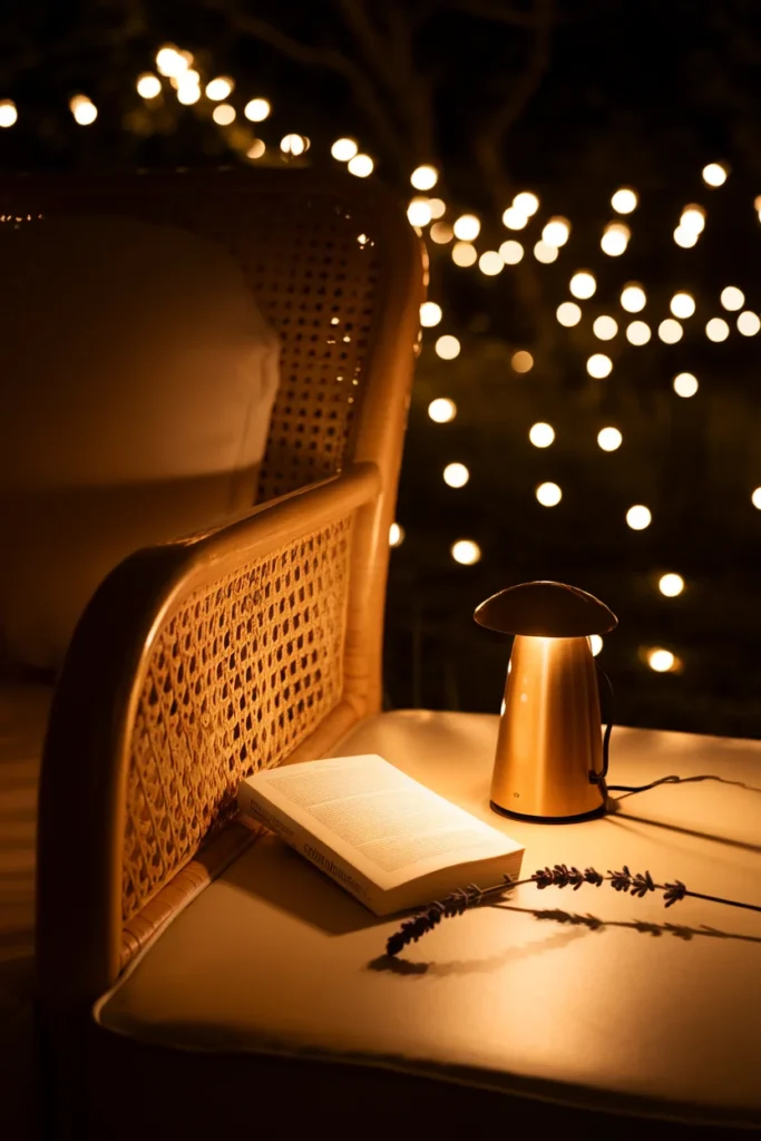 Open book and warm brass lamp on a chair arm with string lights glowing on a balcony at night.