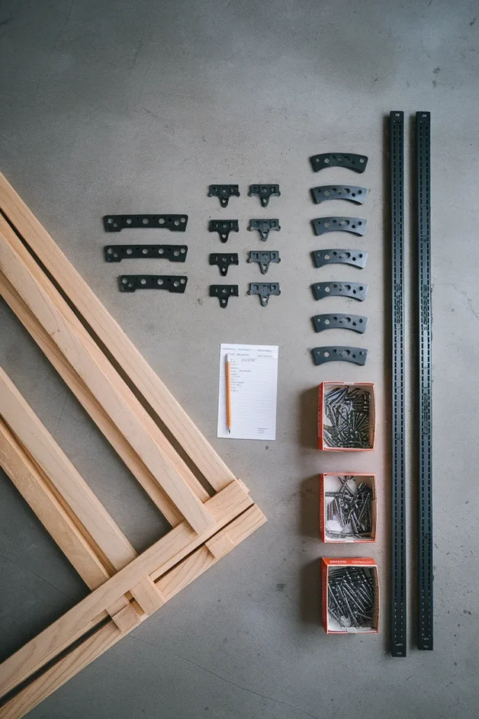 Open shelving materials laid out on concrete pine boards, black rails, brackets, screws, receipt.