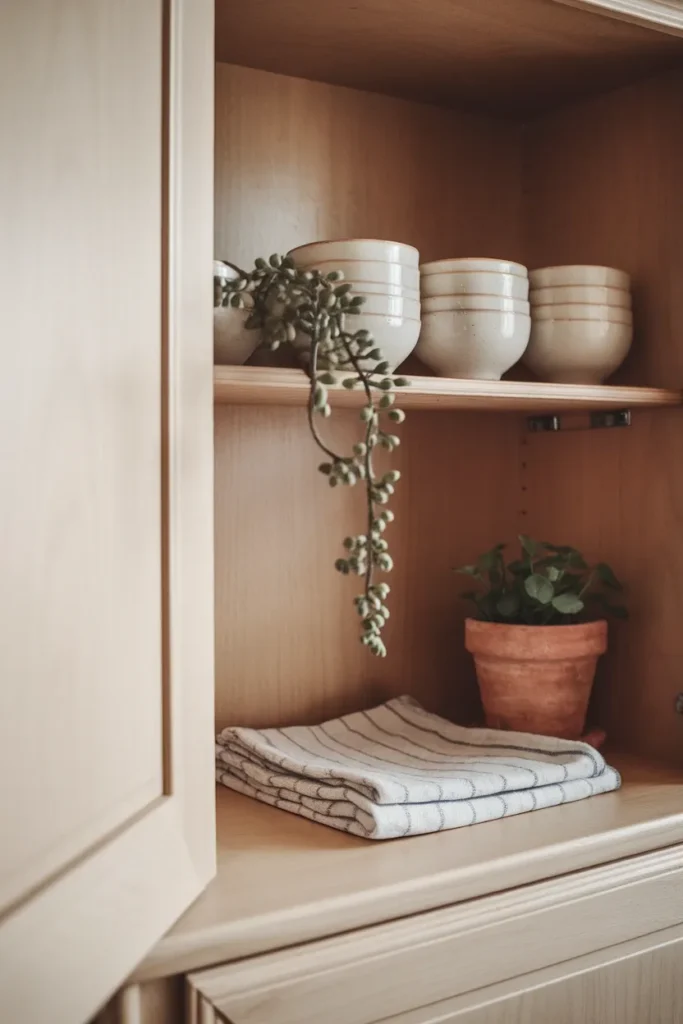 Open wood kitchen shelf styled with matching cream bowls, a small plant, and folded linen.