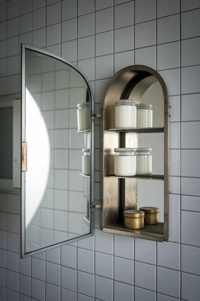 Original 1940s recessed medicine cabinet with beveled mirror holding milk glass vintage bathroom accessories.