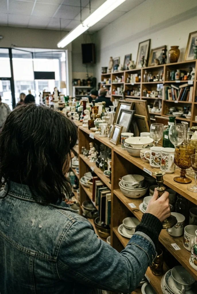 Over the shoulder view of a hand reaching for a brass candlestick on a crowded thrift shelf.