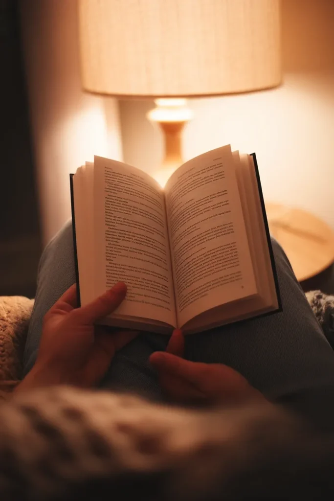 Over the shoulder view of an open book lit by a reading lamp positioned behind the left shoulder.