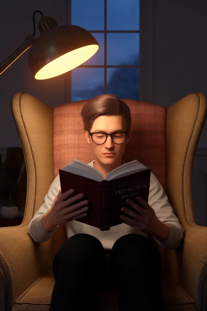 Over-the-shoulder view of hands holding a book under a warm 2700K reading lamp at dusk.