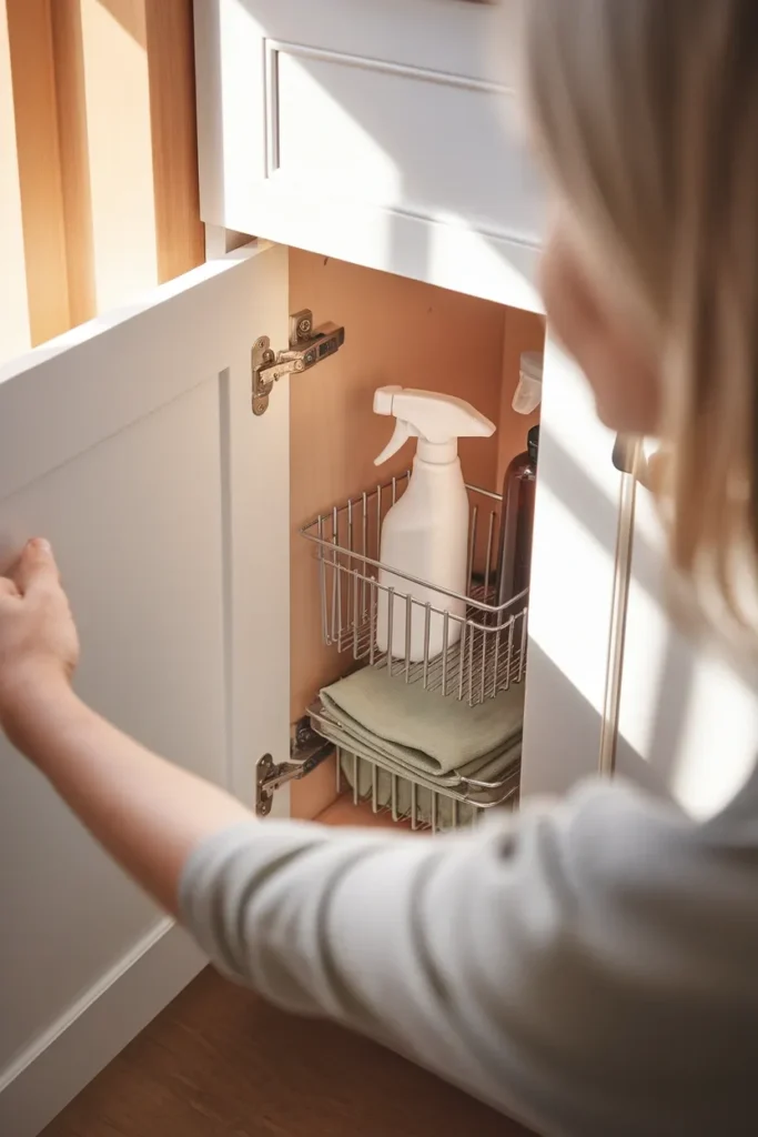 Over the shoulder view of opening a cabinet door with a slim wire organizer mounted inside.