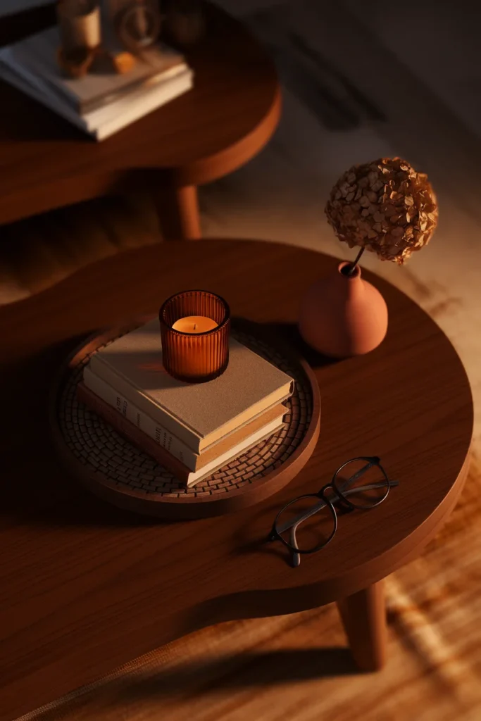 Overhead fall coffee table styling with amber candle, books, and dried stem at night.