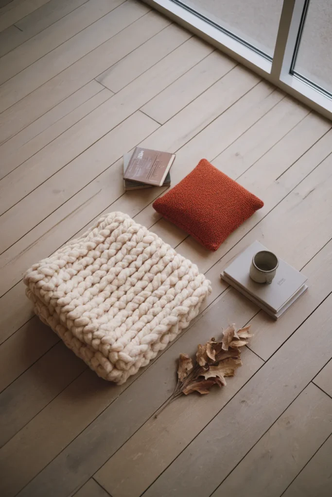Overhead fall texture flat lay with knit throw, rust boucle cushion and dried oak leaves.