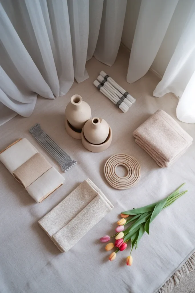 Overhead flat lay of a complete spring cottagecore decor haul including curtains, vases, bulbs, and tulips.