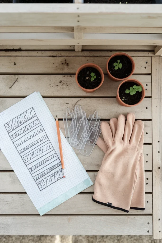 Overhead flat lay of a hand-drawn cottage garden border plan with plant tags, gloves, and seedlings.