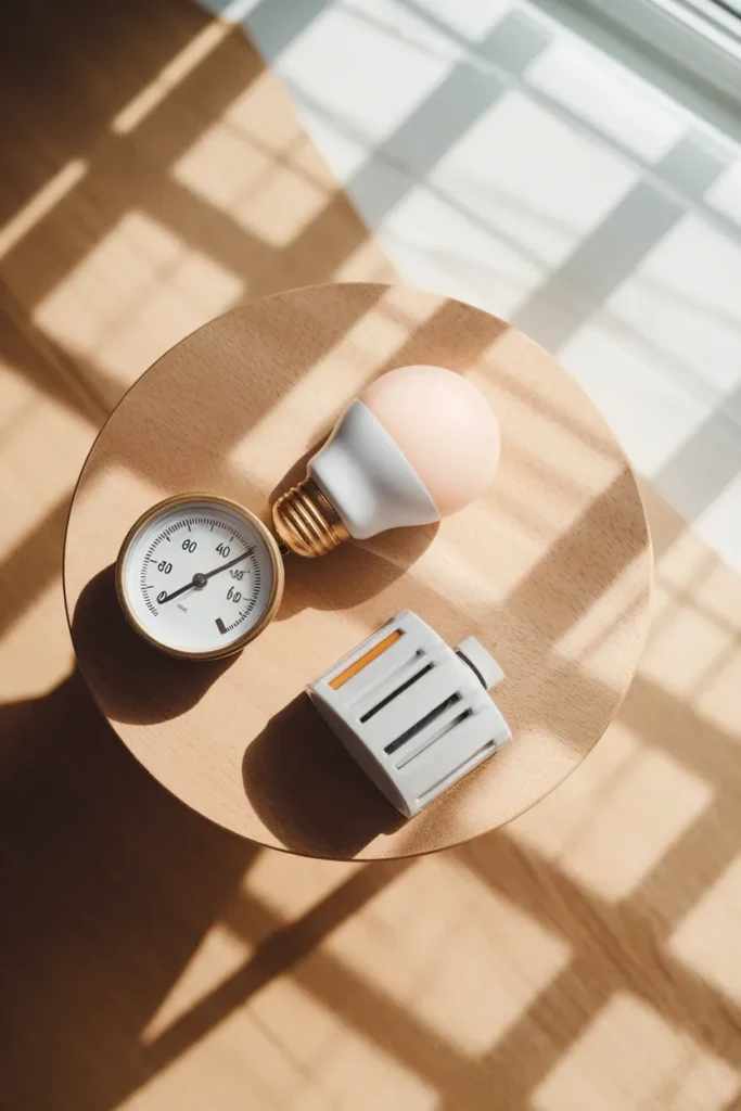 Overhead flat lay of a hygrometer, warm white bulb and thermostat dial on pale oak, winter comfort basics.