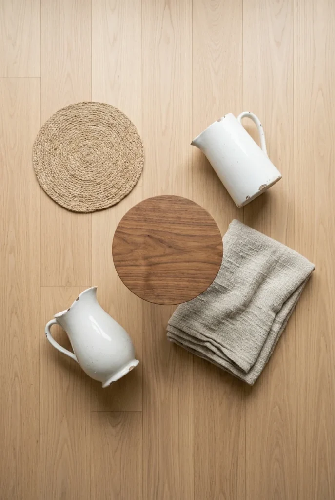 Overhead flat lay of a walnut side table, linen throw, and ironstone pitcher on oak floor.