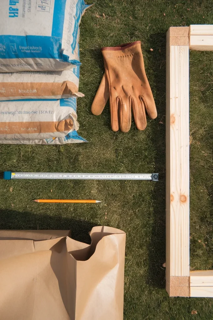 Overhead flat lay of cedar boards, tape measure and soil bags laid out before building a raised garden bed.