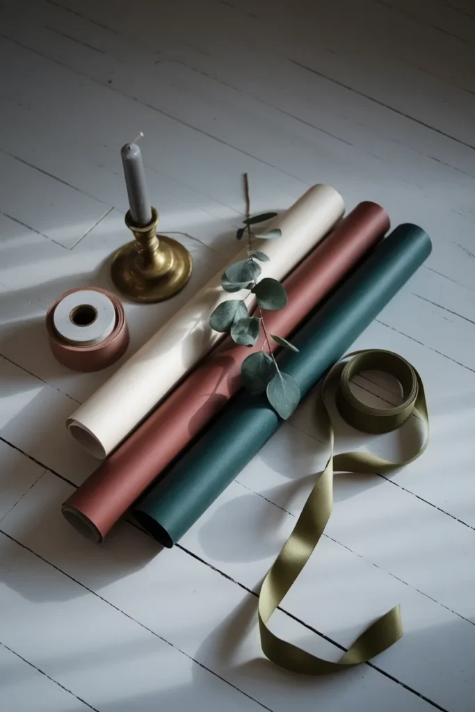 Overhead flat lay of cream, rust and pine wrapping paper with ribbon, brass candlestick and eucalyptus.