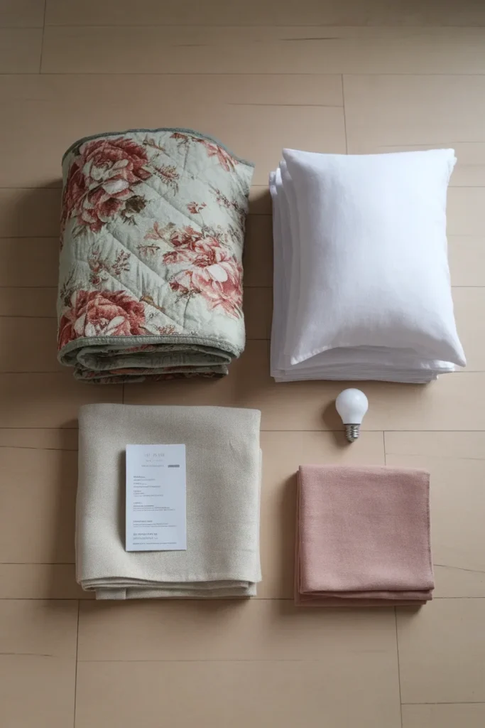 Overhead flat lay of floral quilt, white sheets, care label and warm bulb on oak floor