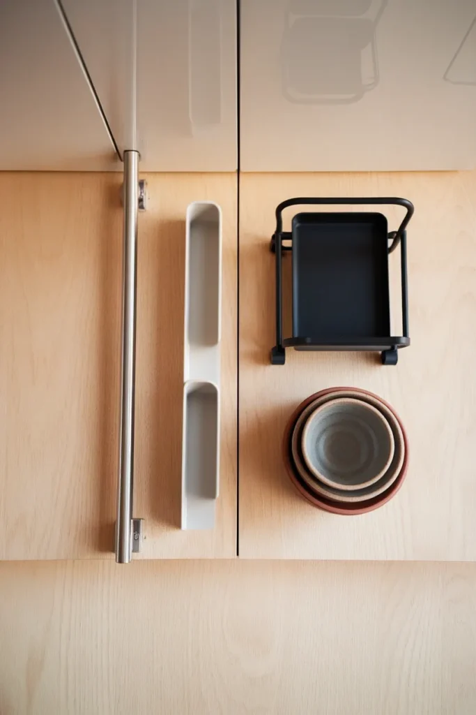 Overhead flat lay of four renter friendly kitchen storage items arranged on a wood counter.