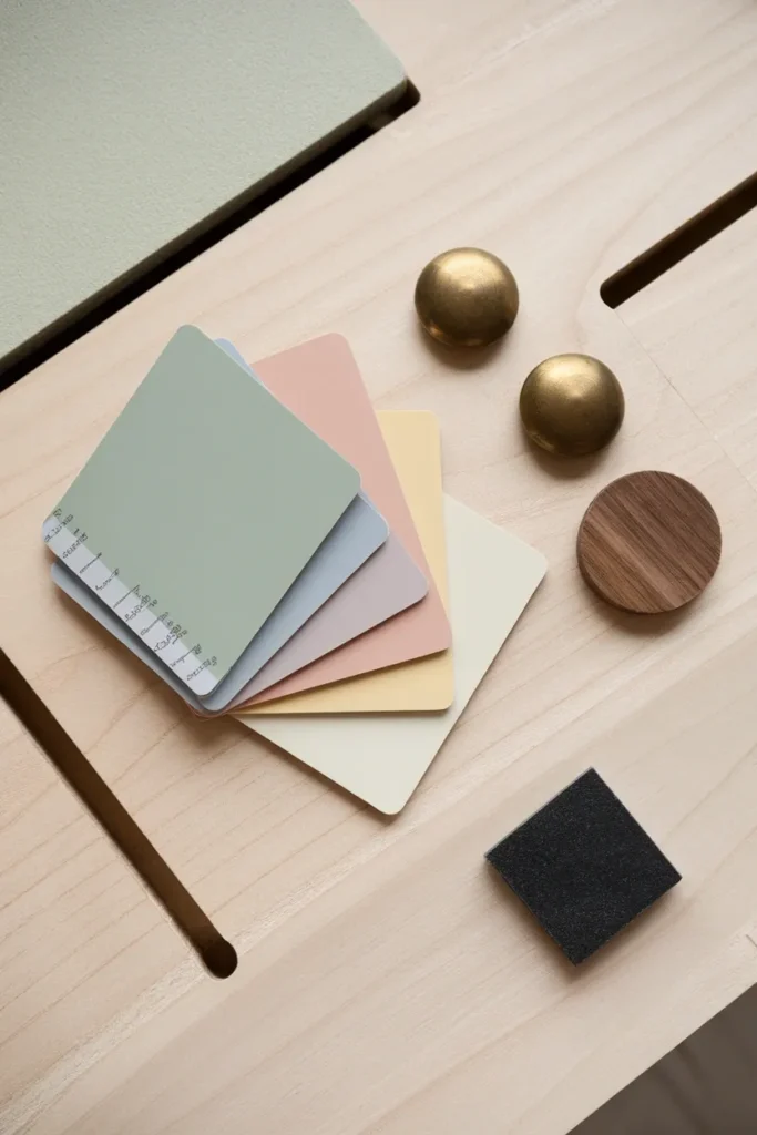 Overhead flat lay of pastel paint samples with brass knobs and dark walnut and soapstone chips.