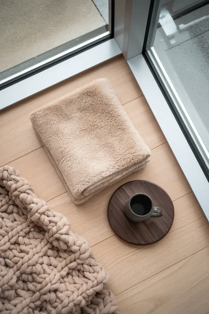 Overhead flat lay of sheepskin, wool knit, and wood showing three texture types.