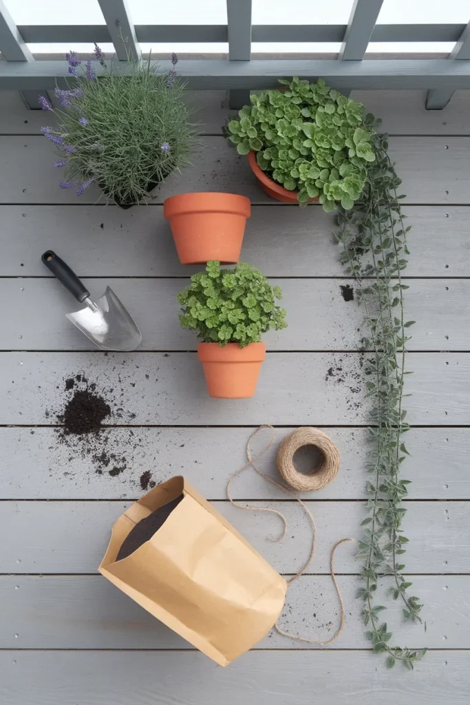 Overhead flat lay of three terracotta pots, potting mix, trowel, and twine on balcony decking.