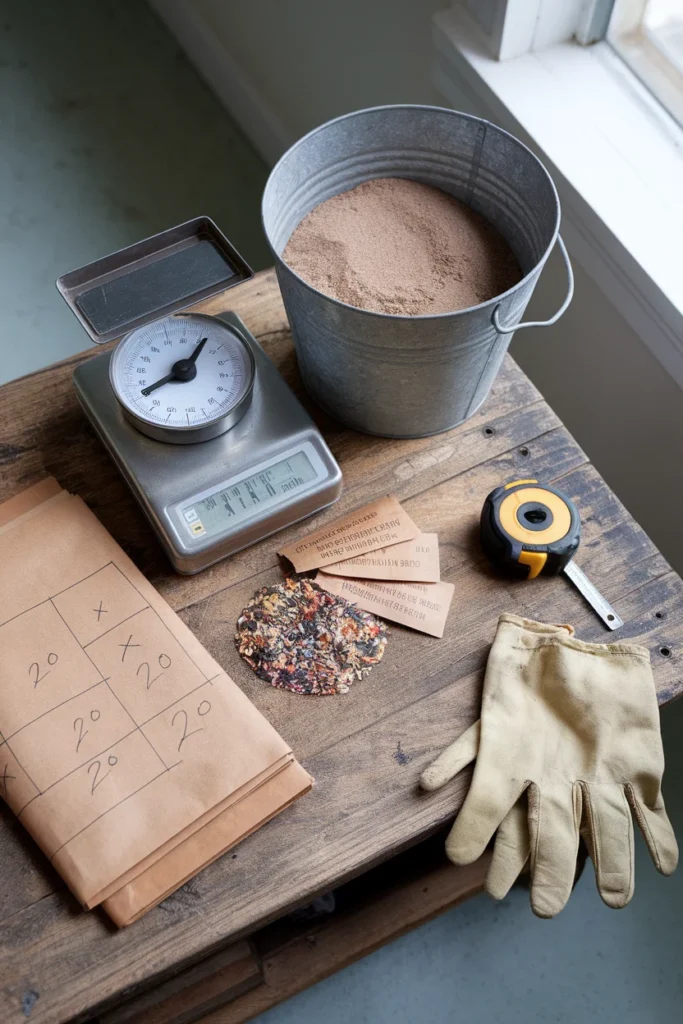 Overhead flat lay of wildflower seed on a kitchen scale with sand carrier, tape measure and garden plan.
