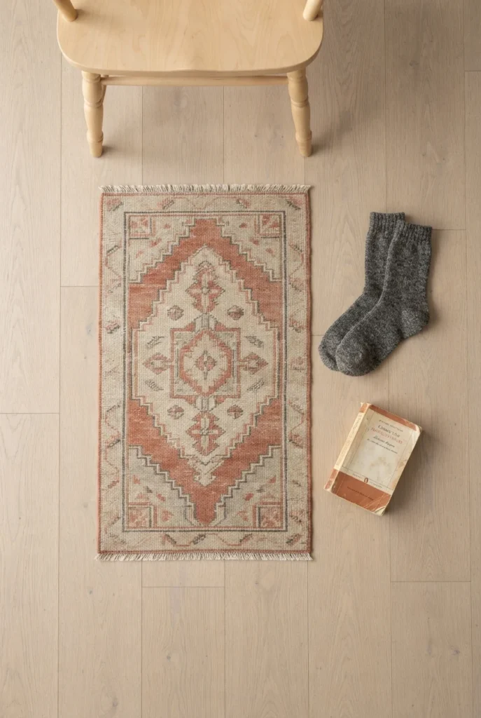 Overhead view of a small terracotta rug under a reading chair with socks and a paperback nearby.
