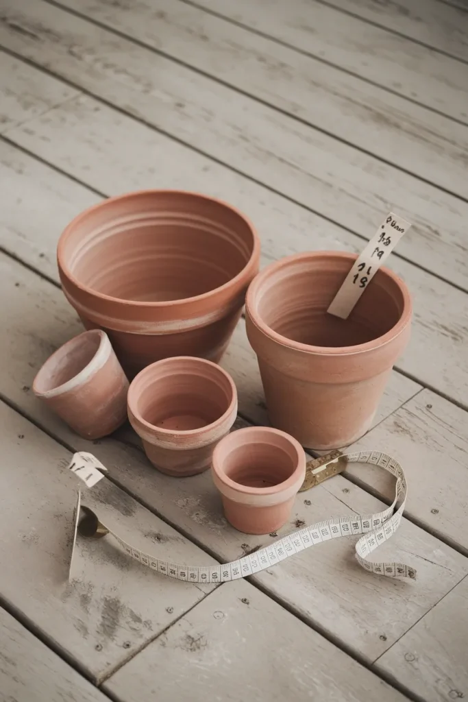 Overhead view of six empty terracotta pots sorted by size with a measuring tape, planning a container garden.