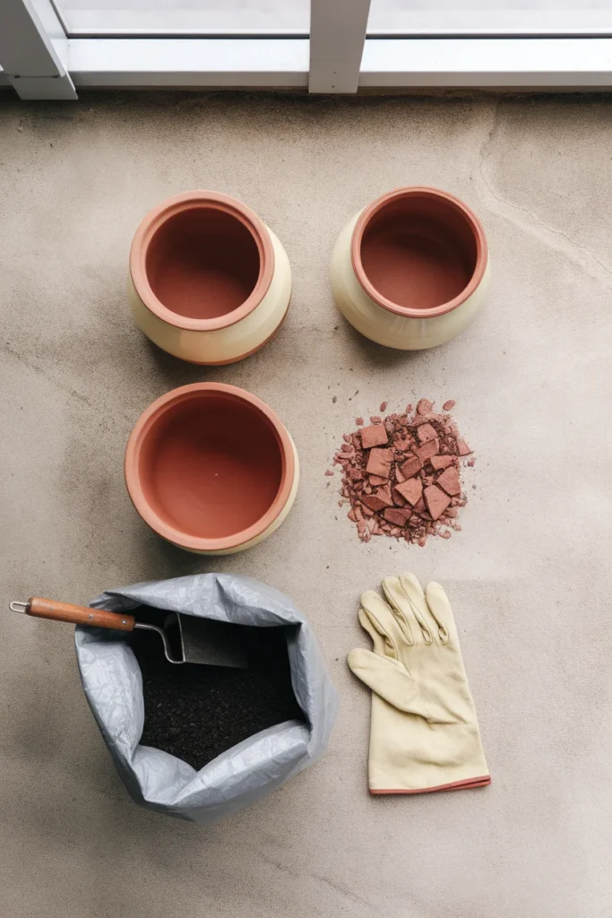 Overhead view of three pot sizes, potting mix and a trowel laid out on a concrete balcony floor.