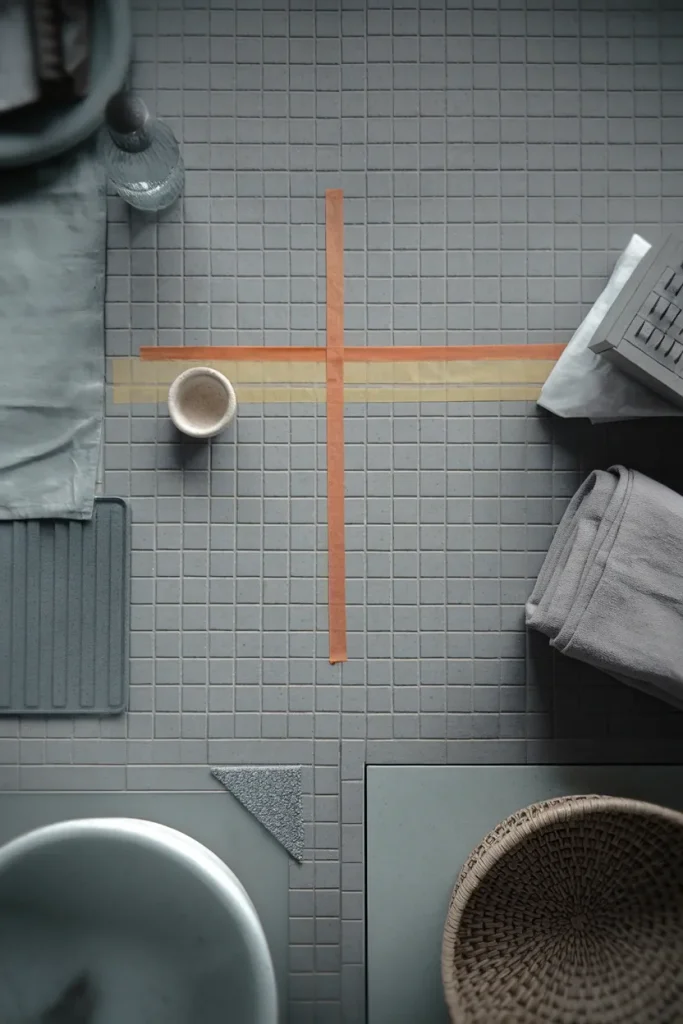 Overhead view showing the 3-Foot Dry Line rule splitting waterproof and absorbent bathroom items.