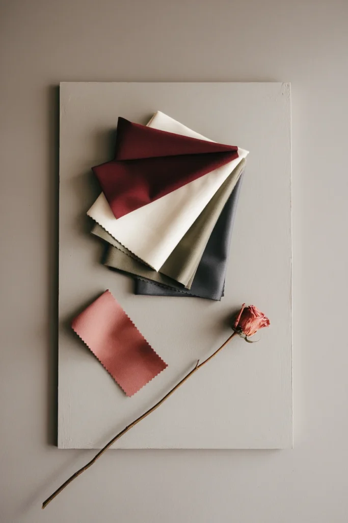Oxblood, cream, olive and charcoal fall swatches on a greige rental wall color.