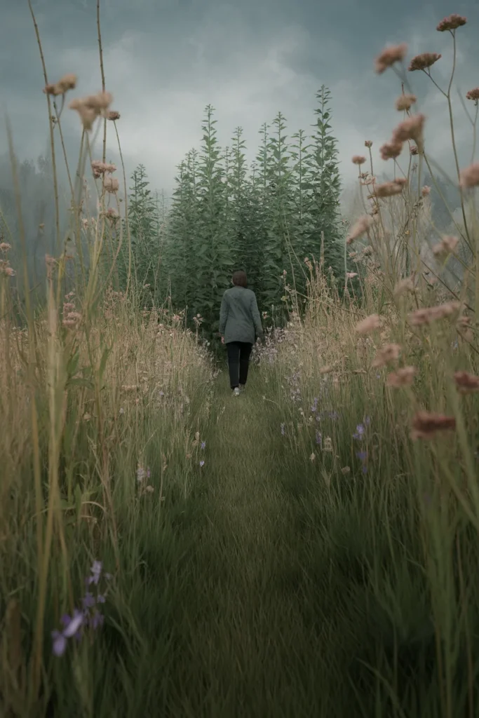 POV walking a curved mown path through a misty morning wildflower meadow with flowers brushing both sides.
