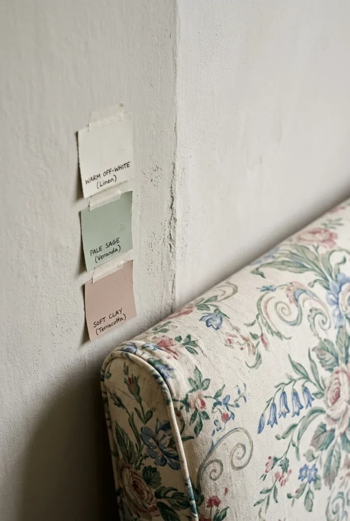 Paint swatches taped beside a floral sofa to test cottage wall colors in morning light.