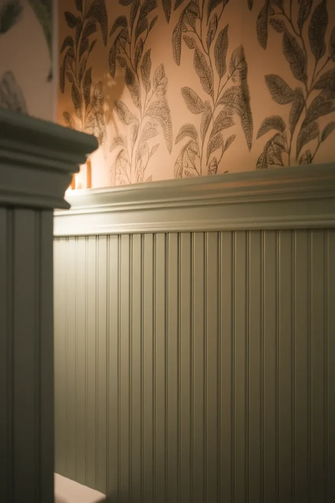 Painted sage beadboard wainscot seam with white cap rail below cottage wallpaper.
