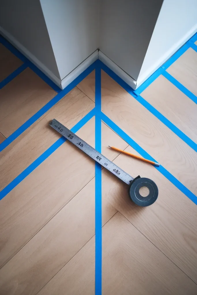 Painter's tape marking a 42 inch square in an empty living room corner with a tape measure.
