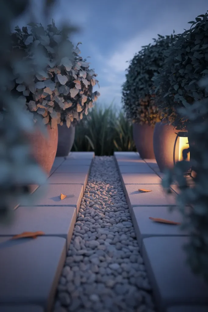 Pea gravel path running between cottage garden container groupings at dusk with warm lantern light.