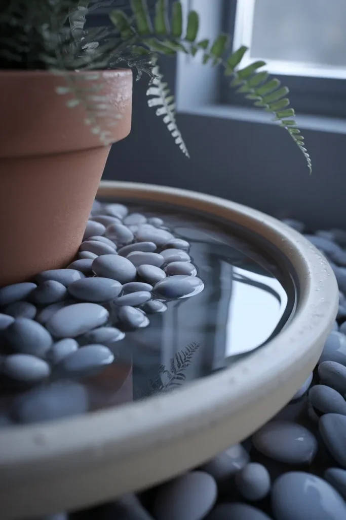 Pebble tray humidity setup with water below the stone tops under a terracotta fern pot.