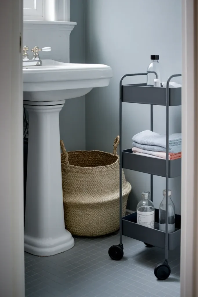 Pedestal sink with a floor basket and slim rolling cart for small bathroom storage.