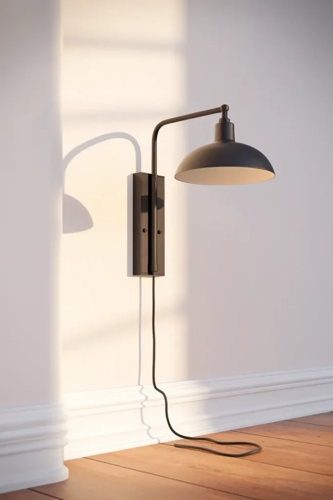 Plug-in swing arm sconce with its cord hidden in a wall-colored cord channel above a baseboard outlet.