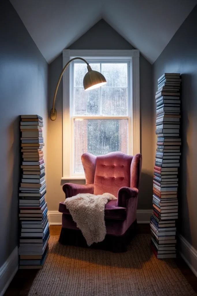 Rainy day reading nook with plum velvet chair, brass swing-arm sconce, and sheepskin throw.