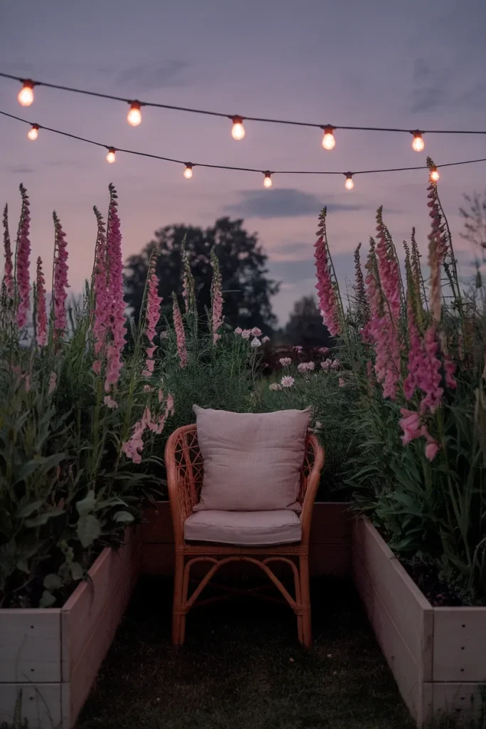 Rattan chair with linen cushion surrounded by three raised flower beds under warm string lights at dusk.