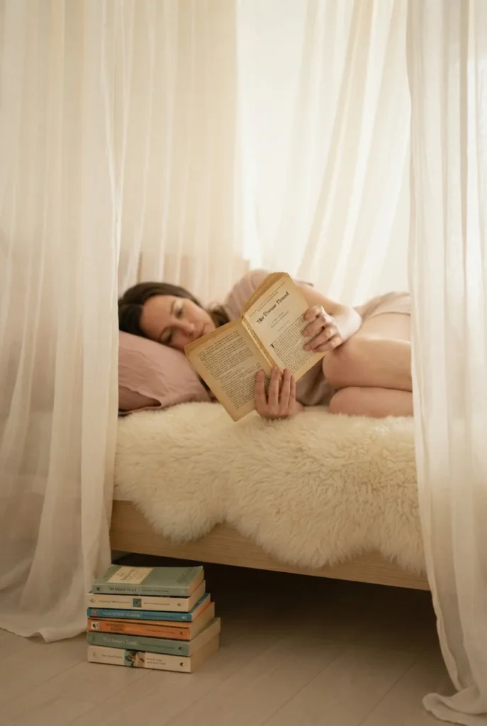 Reader curled up with a paperback and sheepskin throw inside a draped cottagecore canopy bed.